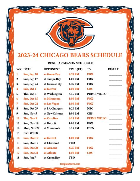 bears schedule 2001